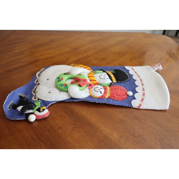 Vtg SNOWMAN 20" Handmade Felt Applique Puffy Stocking Penguin FINISHED - Picture 8 of 11